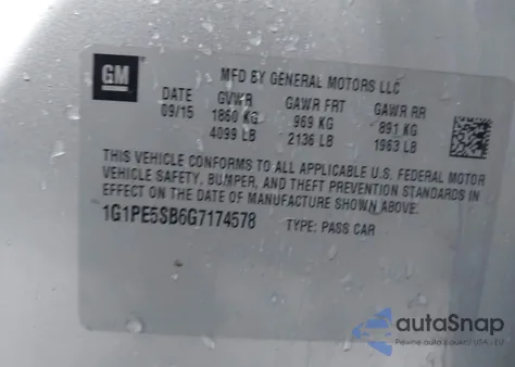 2016 Chevrolet Cruze Limited 1Lt Auto из США, поврежденный, VIN 1G1PE5SB6G7174578